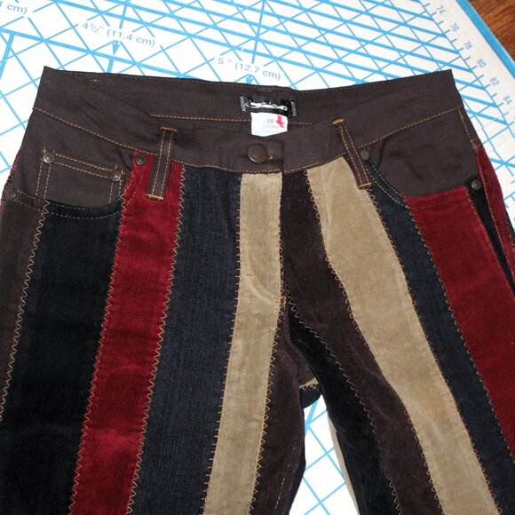 Rare Y2K Bebe Striped Patchwork Corduroy Low Rider Bell Bottoms, 28L, Free Ship - Picture 3 of 8